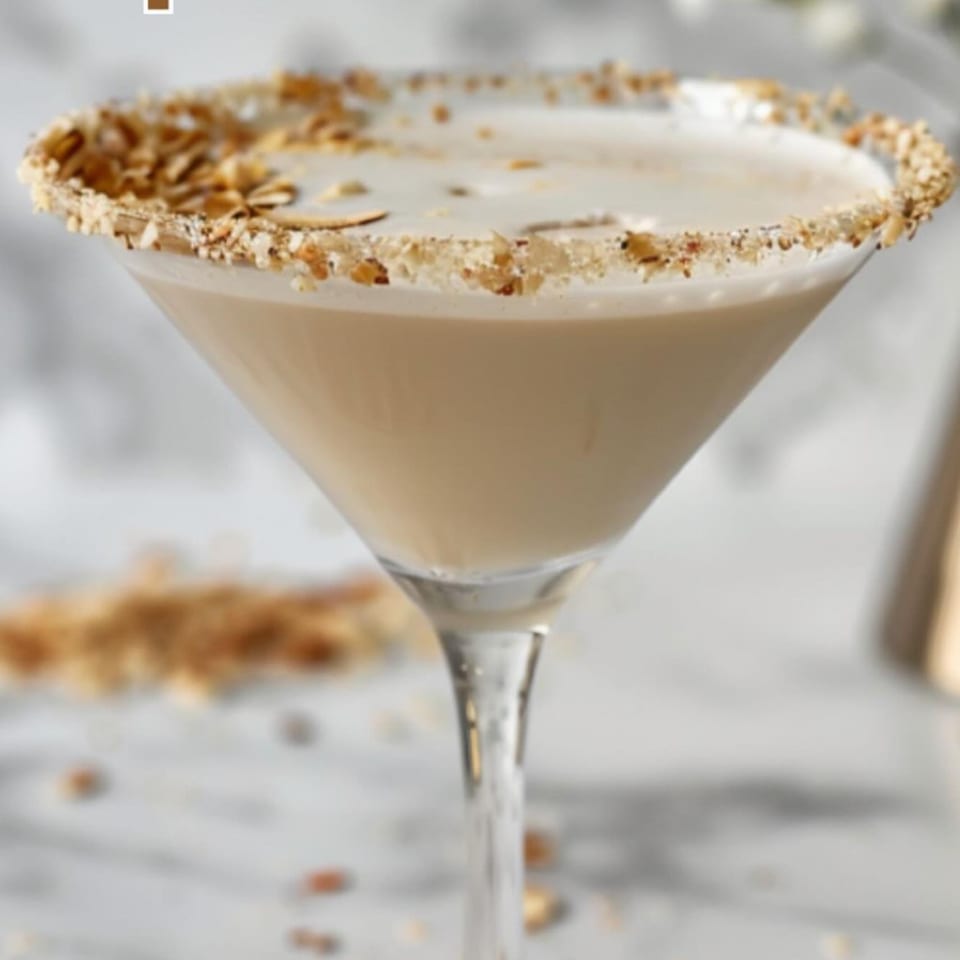 Close-up of a martini glass filled with a creamy drink, rimmed with toasted coconut flakes.