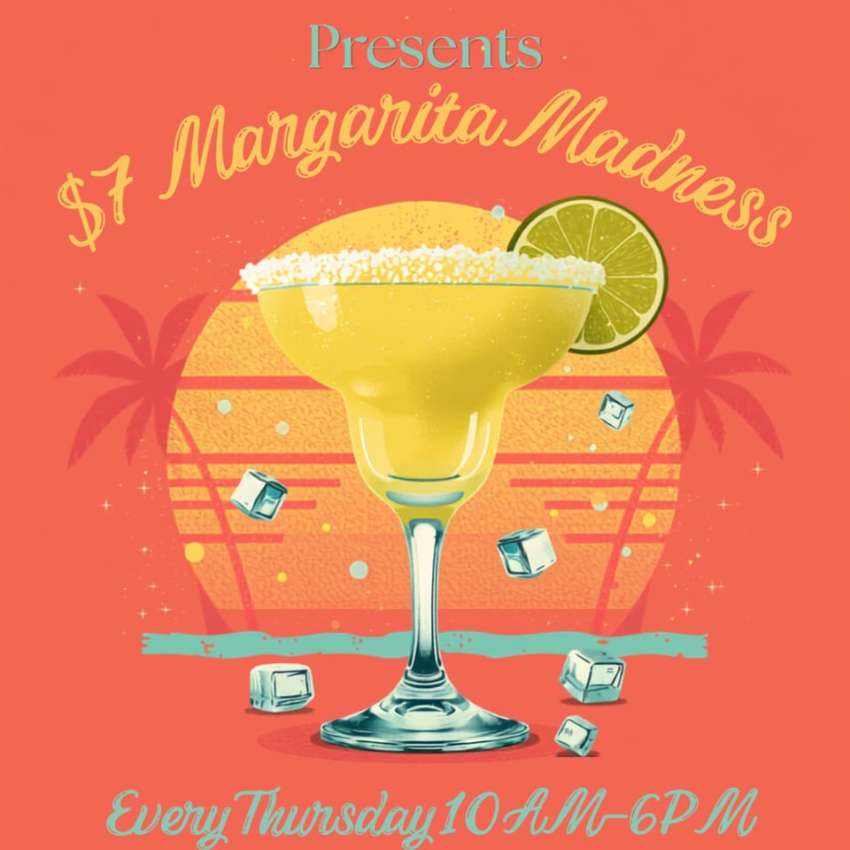 Illustrated margarita in a salted glass with lime garnish and ice, surrounded by tropical palms and promotional text.
