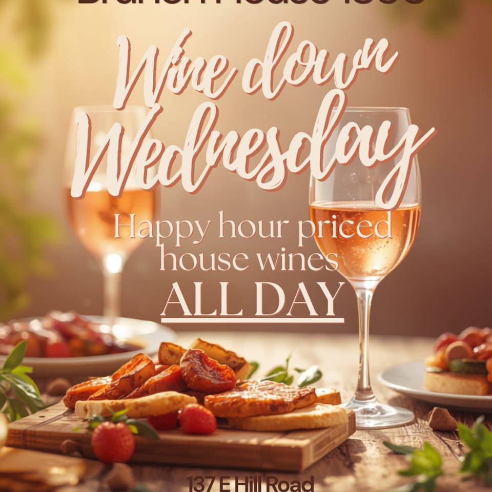 Promotional restaurant graphic showing wine glasses, plated appetizers, and text advertising happy-hour-priced house wines all day.