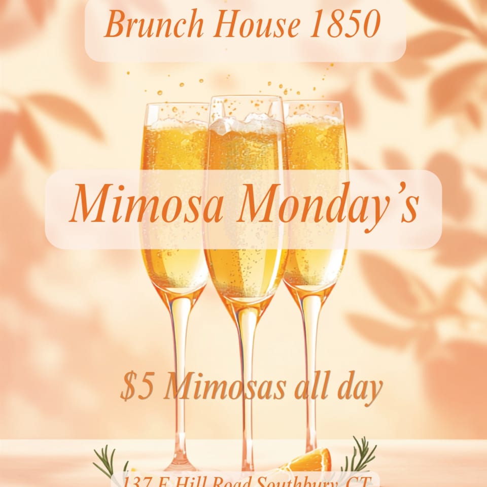 Three glasses of mimosas with citrus garnish promote Brunch House 1850’s $5 Mimosa Mondays.