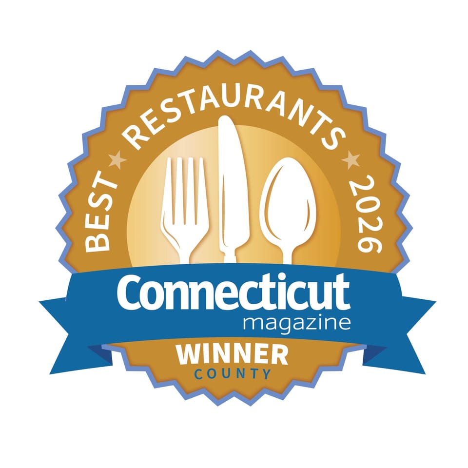 Connecticut Magazine's "Best Restaurants 2026" award badge with a fork, knife, and spoon.